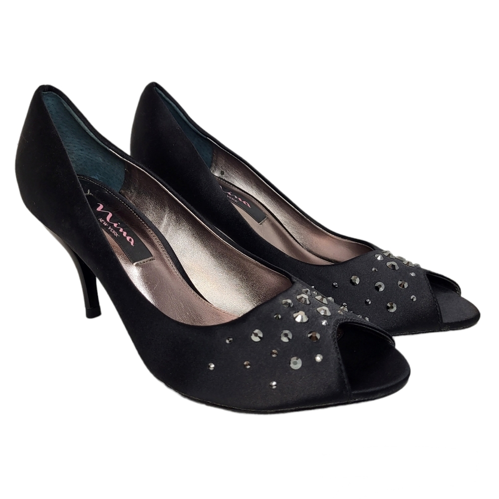 Nina Black material peep toe crystal top heels shoes size 6.5